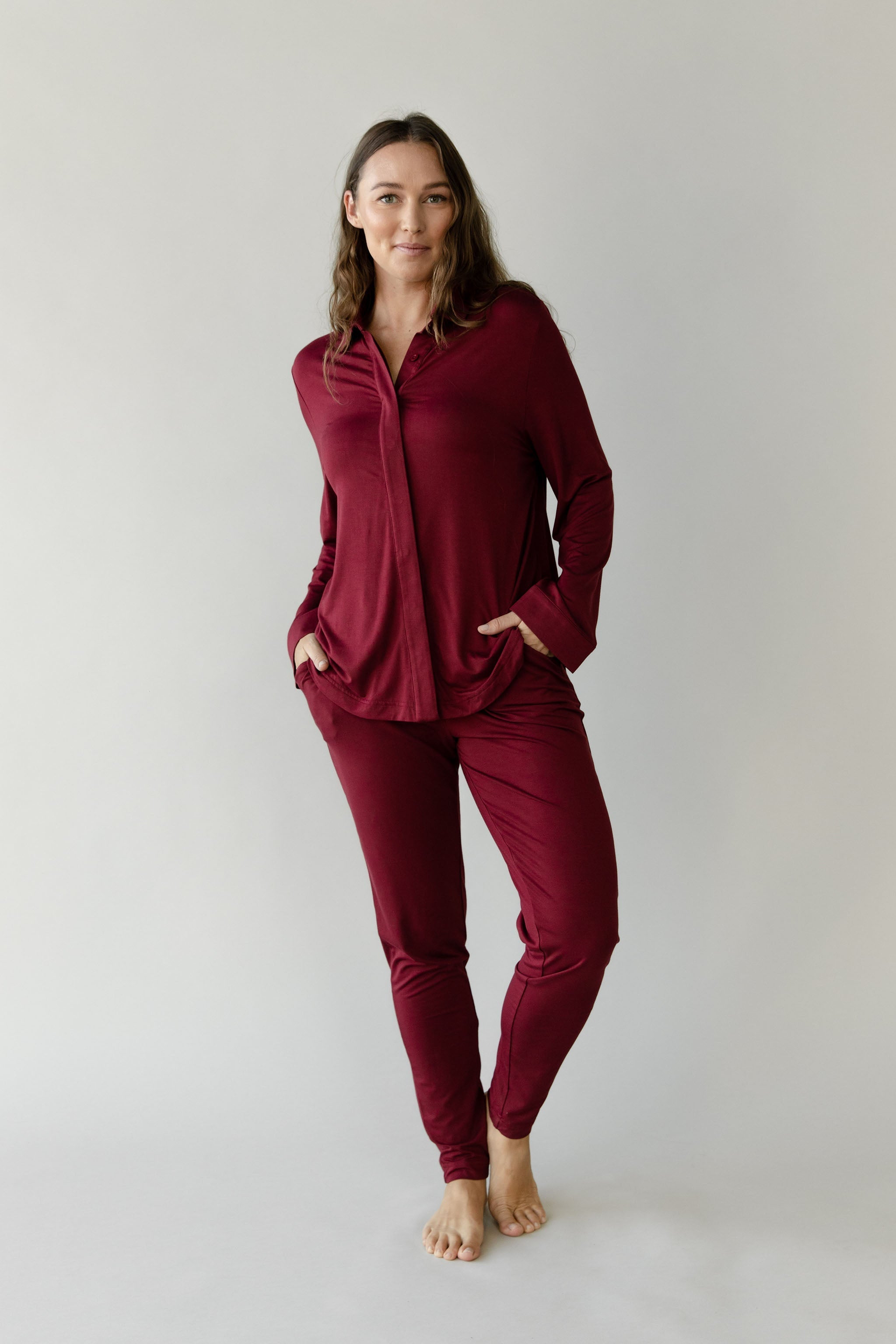 Women's Bamboo Stretch-Knit Collared Long Sleeve Button Down - Last Chance